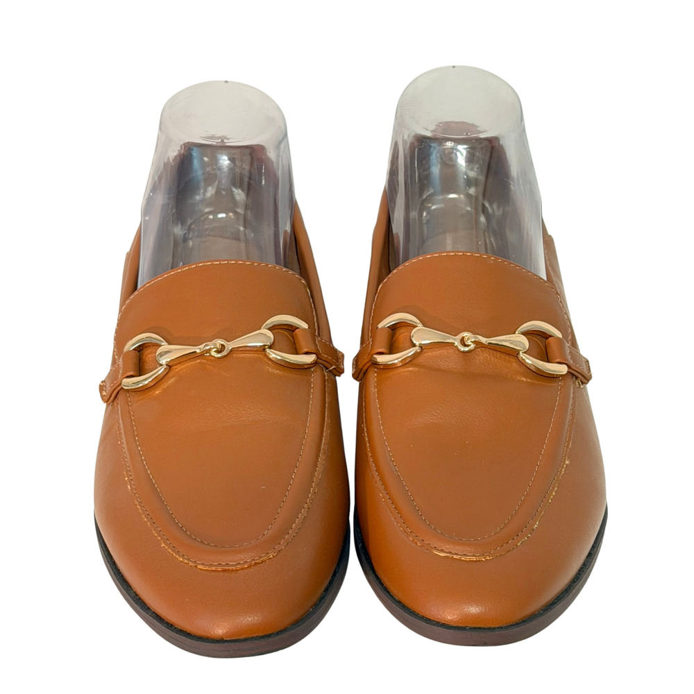 LOFT Sz 9 Gold Horse Bit Detail Loafers Slip-On Shoes Faux Leather Tan Neutral - Picture 2 of 8